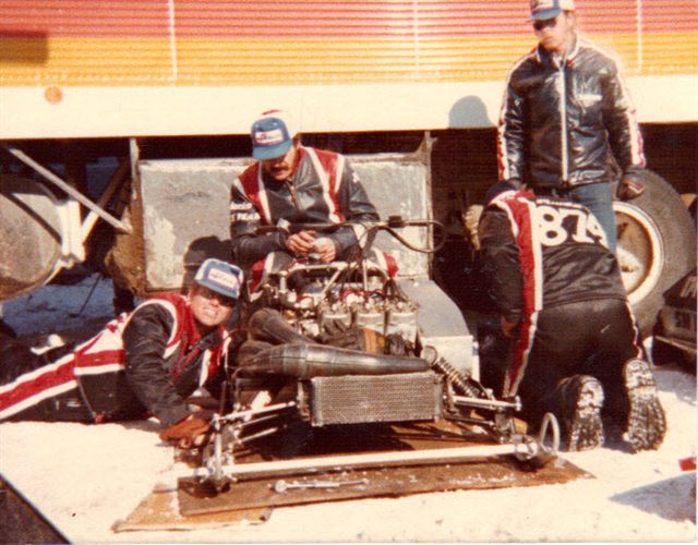 Midnight Blue Express working on one of the sleds, 1977